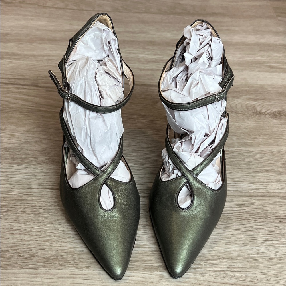 Cole Haan Collection Pointed Toe Strappy Pumps in Metallic Olive Green Leather - Picture 15 of 16